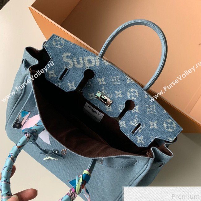 Louis Vuitton x Supreme Denim Humble Travel Birkin 30cm Top Handle Bag M48888 Denim Blue 2019 (KD-9050835)