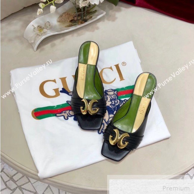 Gucci Leather Mid-heel Slide Mules with Half Moon GG Black 2019 (DLY-9051640)