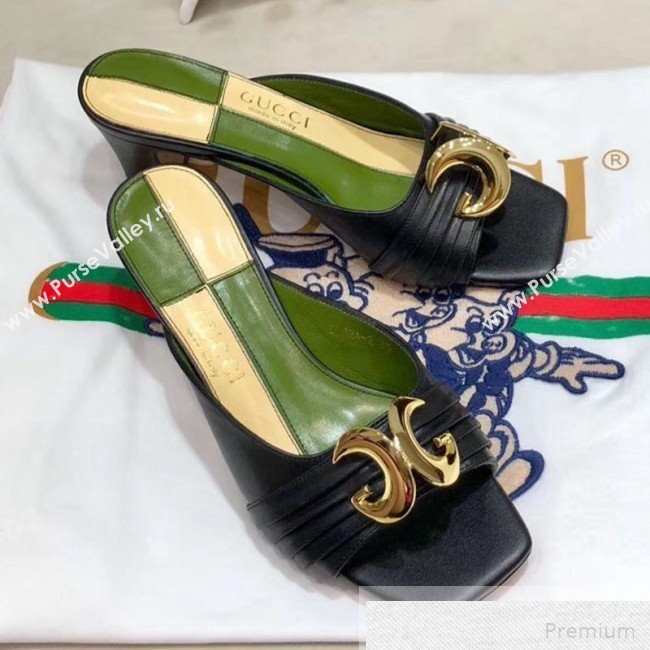 Gucci Leather Mid-heel Slide Mules with Half Moon GG Black 2019 (DLY-9051640)