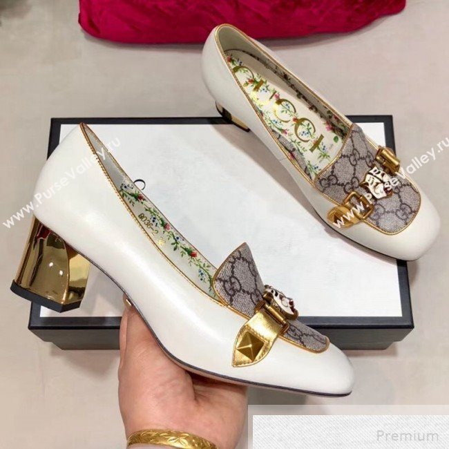 Gucci Leather GG Mid-heel Slide Pump with Feline Head Buckle White 2019 (DLY-9051641)