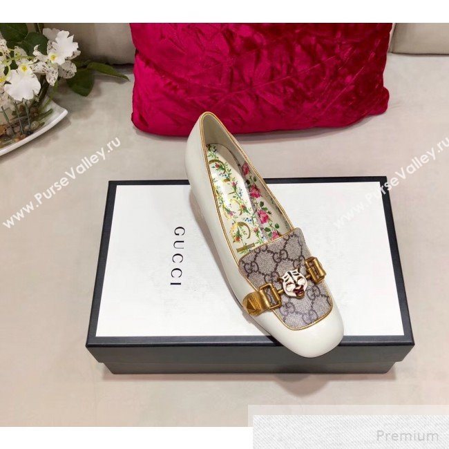 Gucci Leather GG Mid-heel Slide Pump with Feline Head Buckle White 2019 (DLY-9051641)