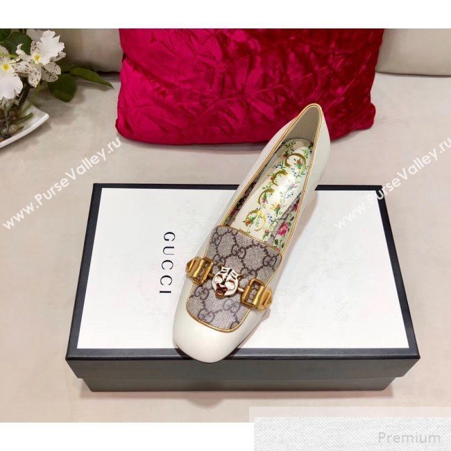 Gucci Leather GG Mid-heel Slide Pump with Feline Head Buckle White 2019 (DLY-9051641)