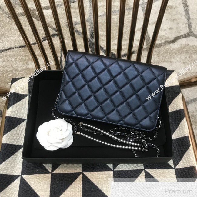 Chanel Pearls Quilted Lambskin Wallet On Chain WOC Blue 2019 (JDH-9051330)