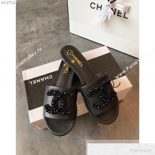 Chanel Flat Pearls CC Calfskin Slide Sandals G34678 Black 2019 (EM-9051513)