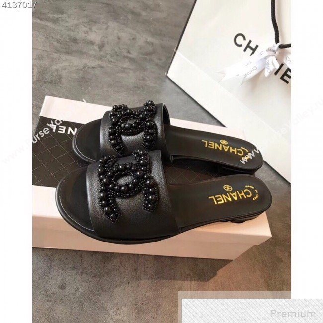 Chanel Flat Pearls CC Calfskin Slide Sandals G34678 Black 2019 (EM-9051513)