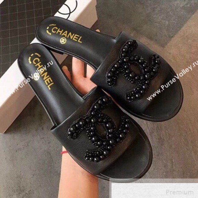 Chanel Flat Pearls CC Calfskin Slide Sandals G34678 Black 2019 (EM-9051513)