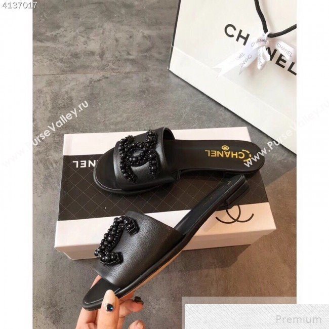 Chanel Flat Pearls CC Calfskin Slide Sandals G34678 Black 2019 (EM-9051513)