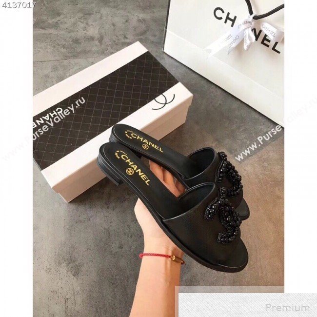 Chanel Flat Pearls CC Calfskin Slide Sandals G34678 Black 2019 (EM-9051513)