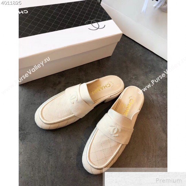 Chanel Quilted Fabric Loafers Mules G34427 Beige White 2019 (EM-9051519)