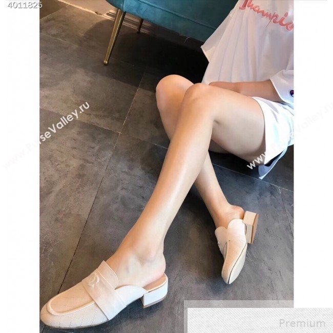 Chanel Quilted Fabric Loafers Mules G34427 Beige White 2019 (EM-9051519)