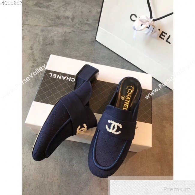 Chanel Quilted Fabric Loafers Mules G34427 Navy Blue 2019 (EM-9051521)