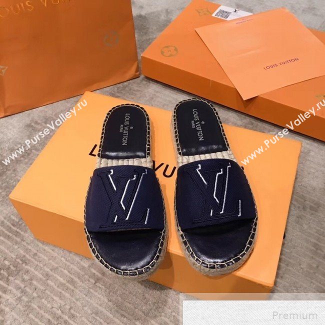 Louis Vuitton Seashore Oversize LV Flat Espadrilles Slide Sandals Dark Blue 2019 (HQG-9051602)