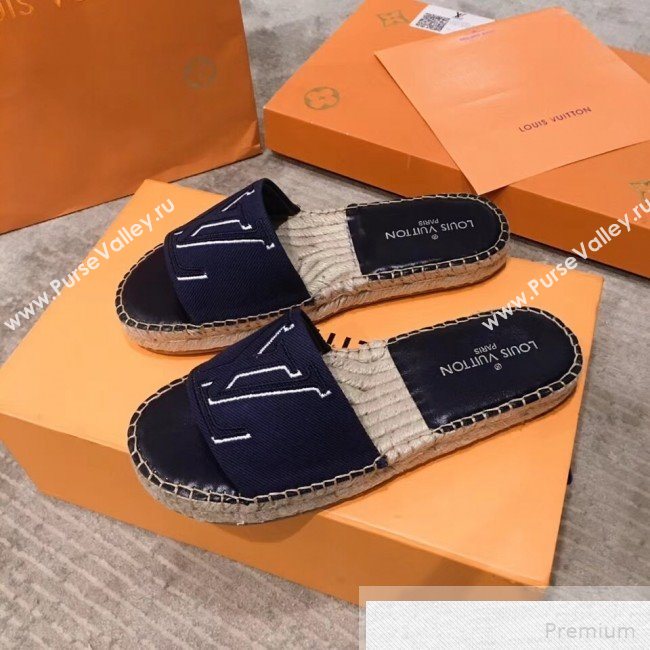 Louis Vuitton Seashore Oversize LV Flat Espadrilles Slide Sandals Dark Blue 2019 (HQG-9051602)