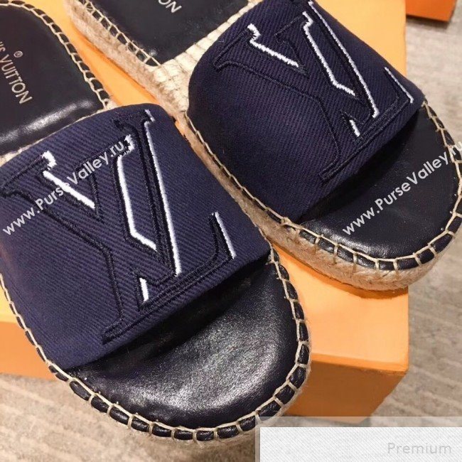 Louis Vuitton Seashore Oversize LV Flat Espadrilles Slide Sandals Dark Blue 2019 (HQG-9051602)