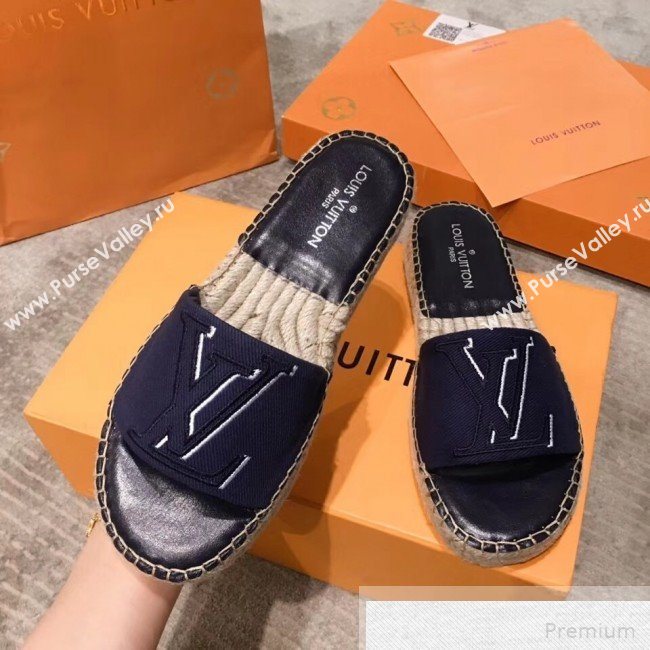 Louis Vuitton Seashore Oversize LV Flat Espadrilles Slide Sandals Dark Blue 2019 (HQG-9051602)