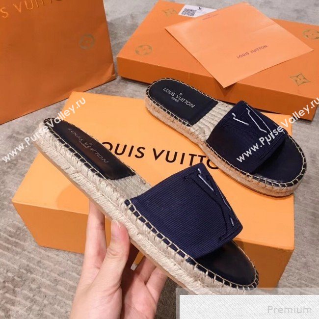 Louis Vuitton Seashore Oversize LV Flat Espadrilles Slide Sandals Dark Blue 2019 (HQG-9051602)