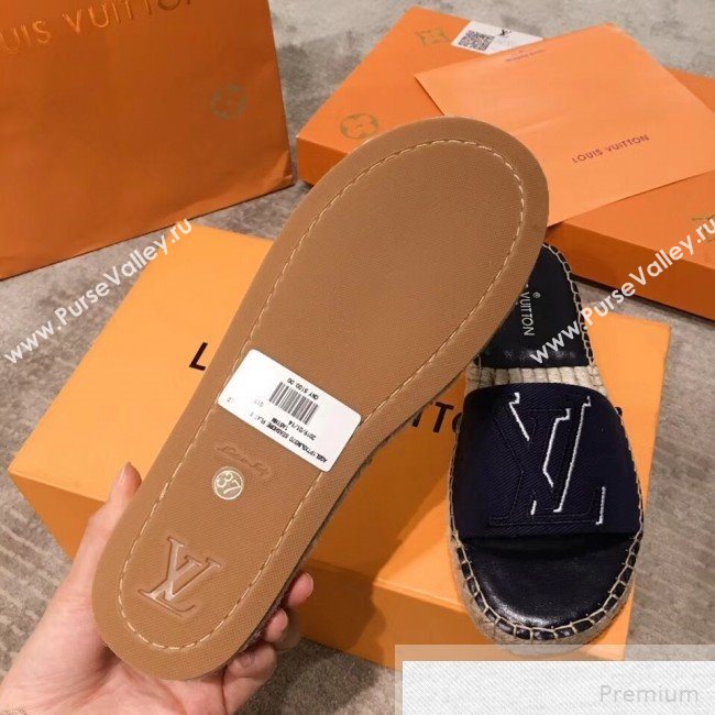 Louis Vuitton Seashore Oversize LV Flat Espadrilles Slide Sandals Dark Blue 2019 (HQG-9051602)