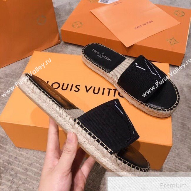 Louis Vuitton Seashore Oversize LV Flat Espadrilles Slide Sandals Black 2019 (HQG-9051604)