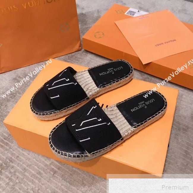 Louis Vuitton Seashore Oversize LV Flat Espadrilles Slide Sandals Black 2019 (HQG-9051604)