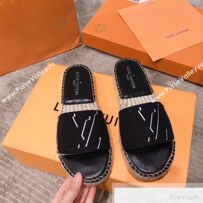 Louis Vuitton Seashore Oversize LV Flat Espadrilles Slide Sandals Black 2019 (HQG-9051604)