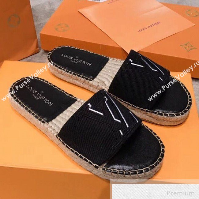 Louis Vuitton Seashore Oversize LV Flat Espadrilles Slide Sandals Black 2019 (HQG-9051604)