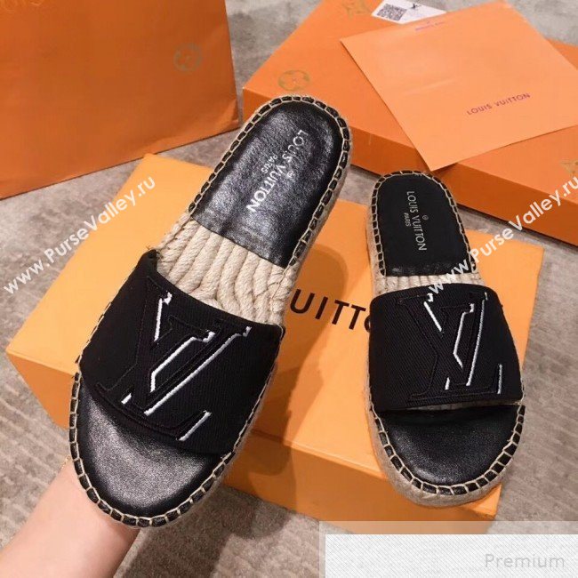 Louis Vuitton Seashore Oversize LV Flat Espadrilles Slide Sandals Black 2019 (HQG-9051604)