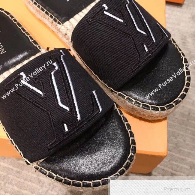 Louis Vuitton Seashore Oversize LV Flat Espadrilles Slide Sandals Black 2019 (HQG-9051604)