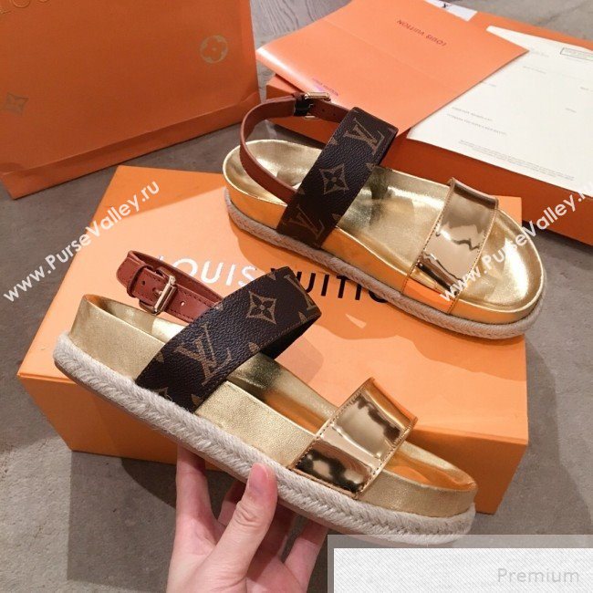 Louis Vuitton Bom Dia Monogram Metallic Leather Flat Espadrilles Sandals Gold 2019 (HQG-9051607)