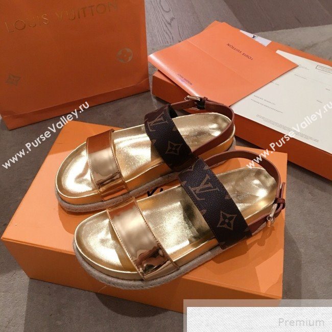 Louis Vuitton Bom Dia Monogram Metallic Leather Flat Espadrilles Sandals Gold 2019 (HQG-9051607)
