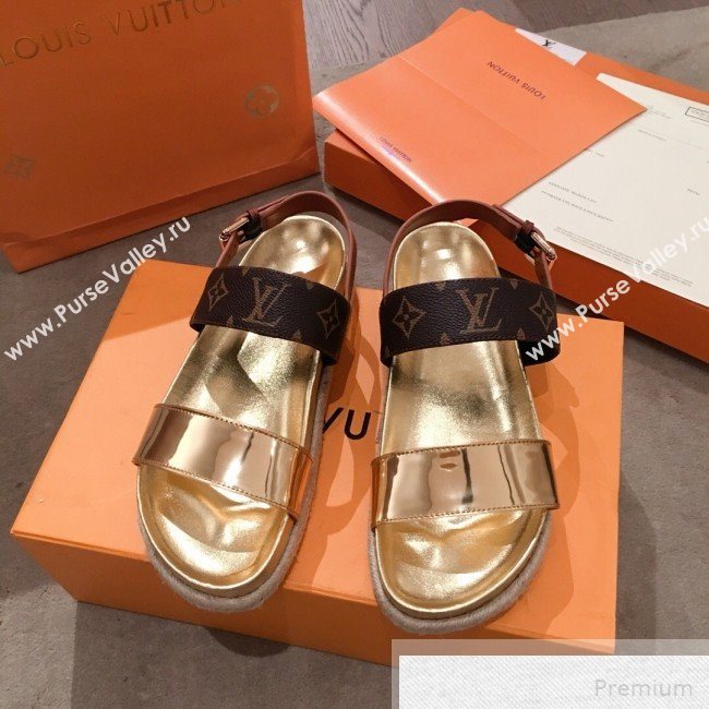 Louis Vuitton Bom Dia Monogram Metallic Leather Flat Espadrilles Sandals Gold 2019 (HQG-9051607)