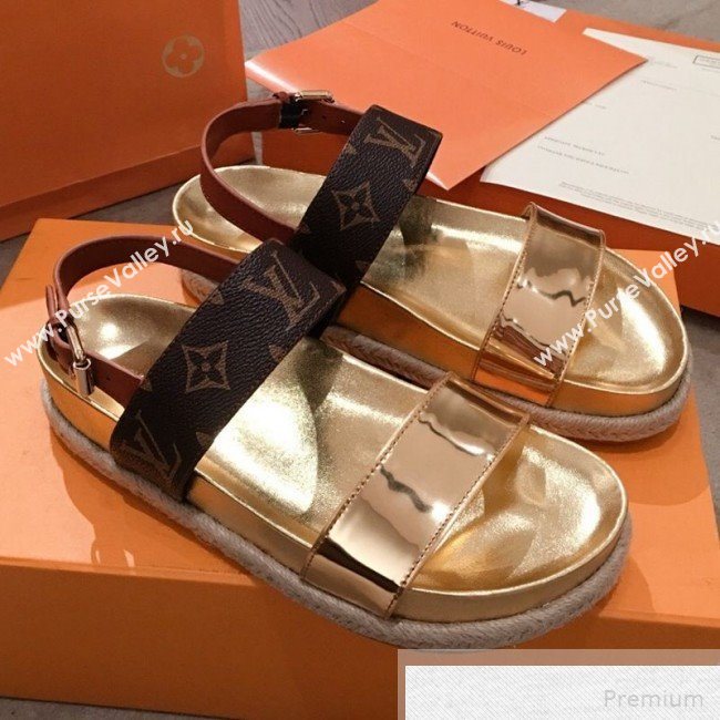 Louis Vuitton Bom Dia Monogram Metallic Leather Flat Espadrilles Sandals Gold 2019 (HQG-9051607)