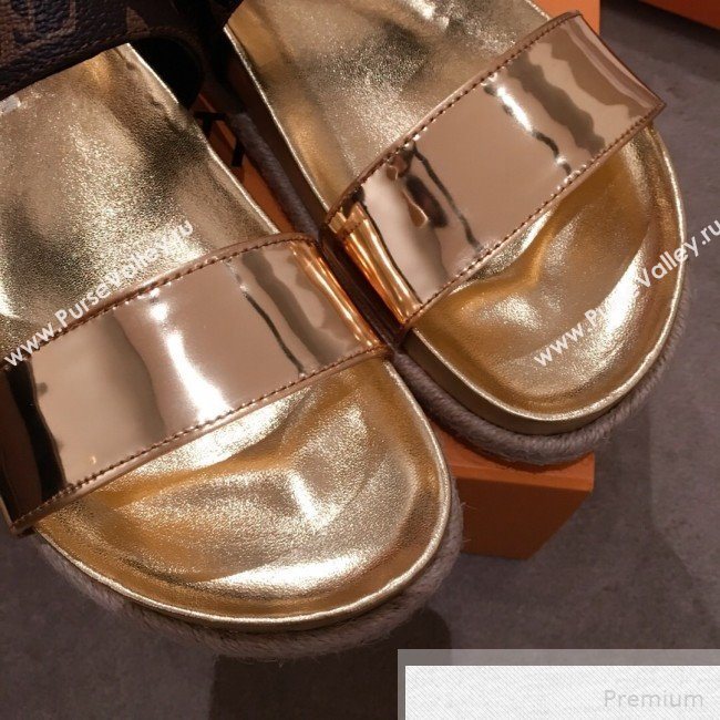 Louis Vuitton Bom Dia Monogram Metallic Leather Flat Espadrilles Sandals Gold 2019 (HQG-9051607)
