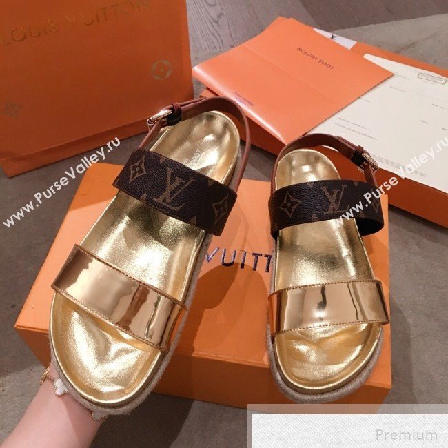 Louis Vuitton Bom Dia Monogram Metallic Leather Flat Espadrilles Sandals Gold 2019 (HQG-9051607)