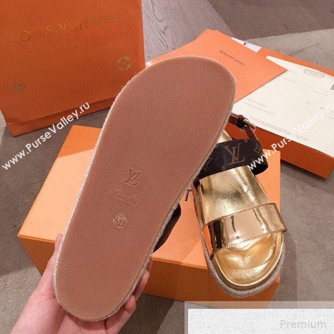Louis Vuitton Bom Dia Monogram Metallic Leather Flat Espadrilles Sandals Gold 2019 (HQG-9051607)