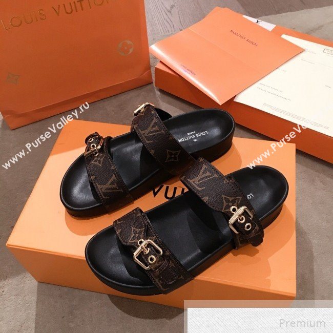 Louis Vuitton Bom Dia Monogram Leather Flat Sandals 1A4WJK Black 2019 (HQG-9051611)