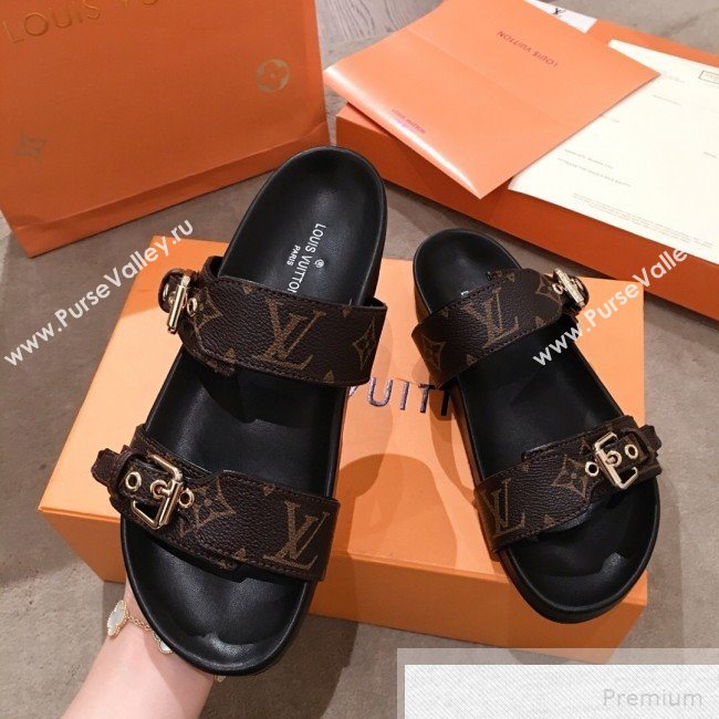 Louis Vuitton Bom Dia Monogram Leather Flat Sandals 1A4WJK Black 2019 (HQG-9051611)