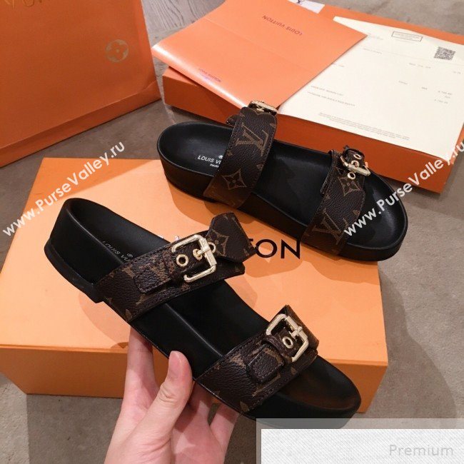 Louis Vuitton Bom Dia Monogram Leather Flat Sandals 1A4WJK Black 2019 (HQG-9051611)
