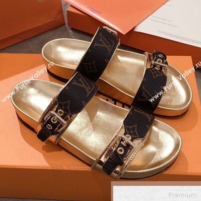 Louis Vuitton Bom Dia Monogram Leather Flat Sandals 1A4WJK Gold 2019 (HQG-9051612)