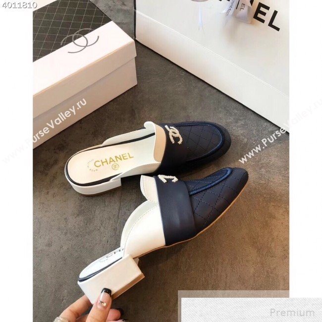Chanel Quilted Leather Loafers Mules G34427 Navy Blue/White 2019 (EM-9051517)