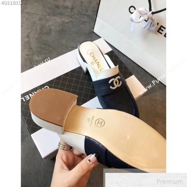 Chanel Quilted Leather Loafers Mules G34427 Navy Blue/White 2019 (EM-9051517)