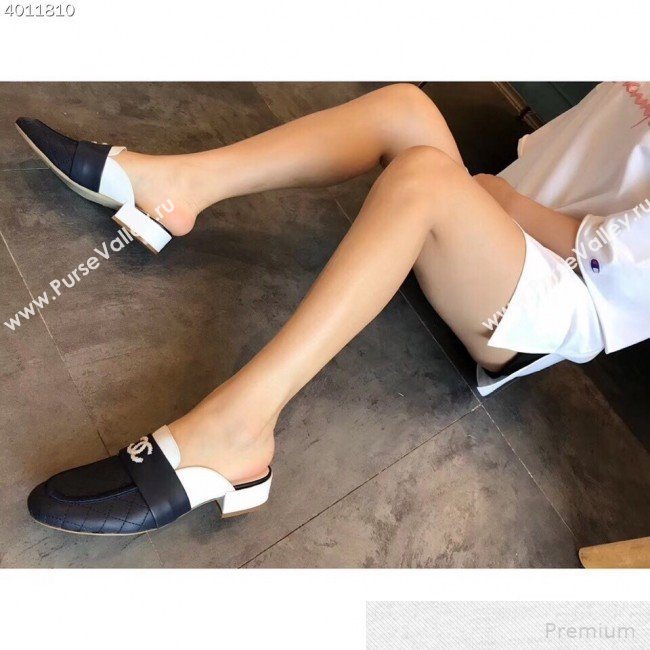 Chanel Quilted Leather Loafers Mules G34427 Navy Blue/White 2019 (EM-9051517)
