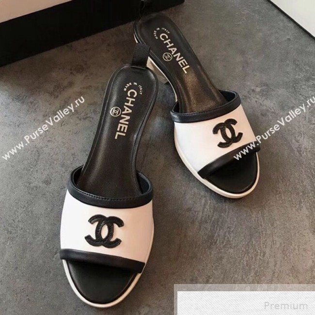 Chanel CC Logo Lambskin Slide Mule Sandals G34871 White/Black 2019 (EM-9051526)