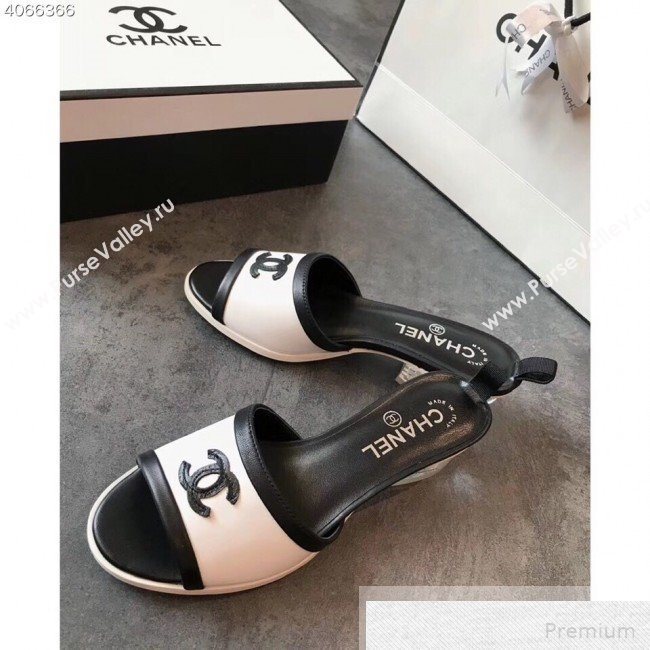 Chanel CC Logo Lambskin Slide Mule Sandals G34871 White/Black 2019 (EM-9051526)