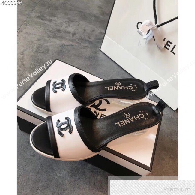 Chanel CC Logo Lambskin Slide Mule Sandals G34871 White/Black 2019 (EM-9051526)