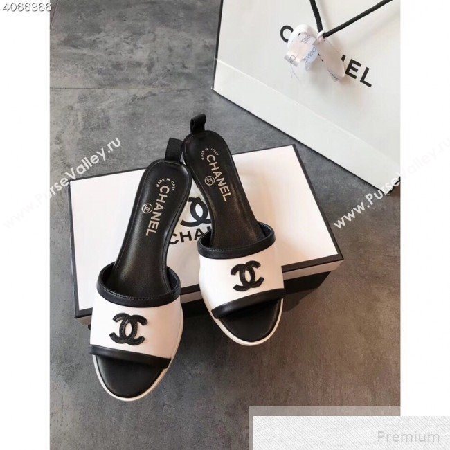 Chanel CC Logo Lambskin Slide Mule Sandals G34871 White/Black 2019 (EM-9051526)