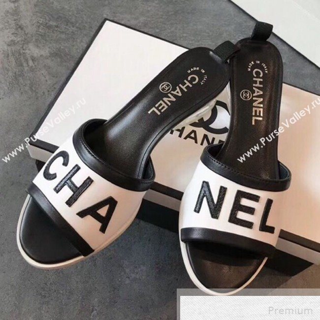 Chanel Lettering Lambskin Slide Mule Sandals G34871 White/Black 2019 (EM-9051525)