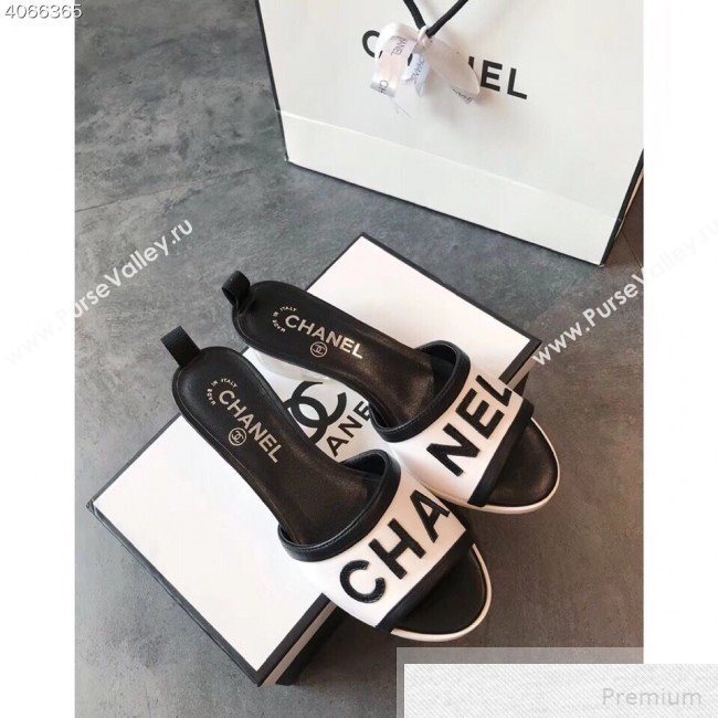 Chanel Lettering Lambskin Slide Mule Sandals G34871 White/Black 2019 (EM-9051525)