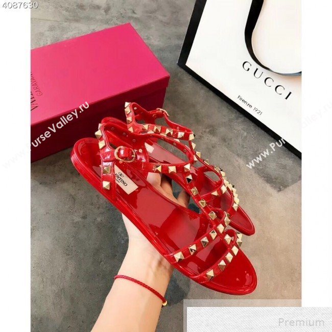 Valentino Rockstud Flat Rubber Sandal Red 2019 (EM-9051529)