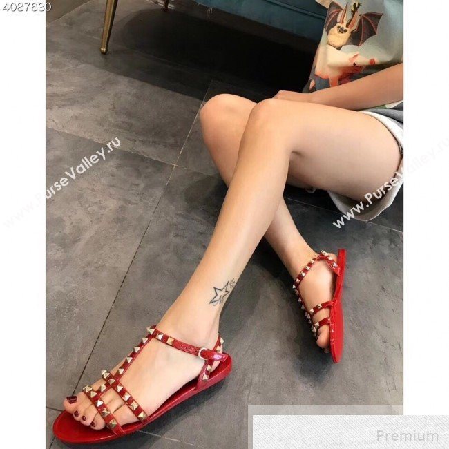 Valentino Rockstud Flat Rubber Sandal Red 2019 (EM-9051529)