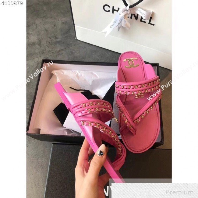 Chanel Flat Chain Leather Thong Sandals Pink 2019 (EM-9051531)